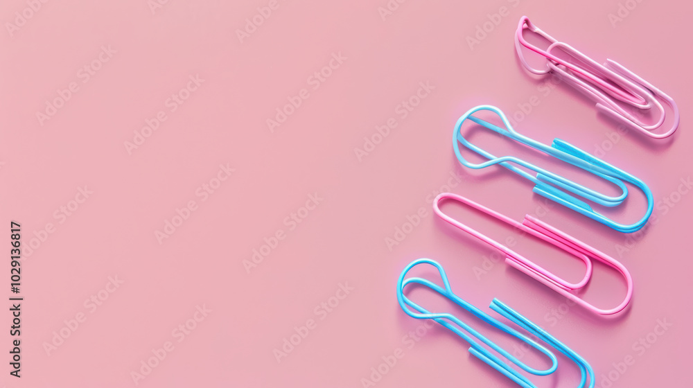 Colorful paper clips arranged on pink background create vibrant and playful scene, perfect for adding touch of organization to your workspace Colorful paper clips arranged on pink background create vibrant and playful scene, perfect for adding touch of organization to your workspace