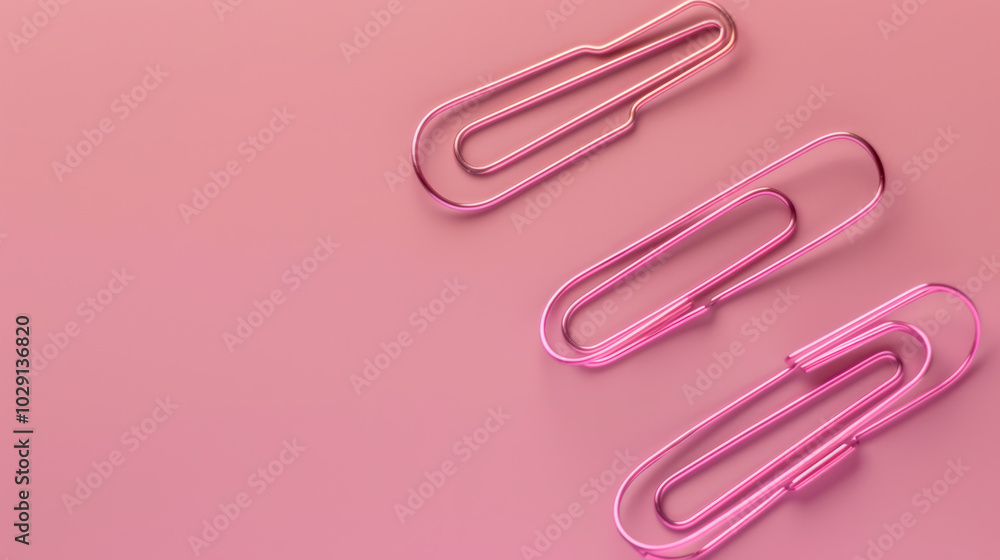 Three pink paper clips arranged on soft pink background create minimalist and modern aesthetic. simplicity of design evokes sense of organization and creativity Three pink paper clips arranged on soft pink background create minimalist and modern aesthetic. simplicity of design evokes sense of organization and creativity