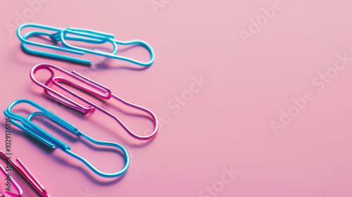 Colorful paper clips arranged on pink background create vibrant and playful scene, perfect for adding touch of fun to any office or study space