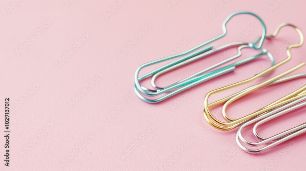 Colorful paper clips arranged on pink background create vibrant and organized workspace. These metallic clips add touch of style to office supplies, enhancing productivity and creativity Colorful paper clips arranged on pink background create vibrant and organized workspace. These metallic clips add touch of style to office supplies, enhancing productivity and creativity