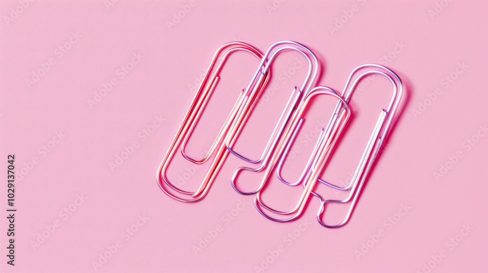 Colorful paper clips arranged on pink background create vibrant and playful office scene. These metallic clips add touch of creativity to any workspace Colorful paper clips arranged on pink background create vibrant and playful office scene. These metallic clips add touch of creativity to any workspace