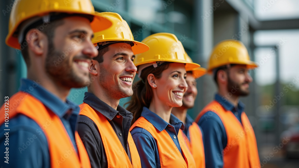Smiling construction workers in safety gear: Diverse teamwork in industrial setting for recruitment campaigns
Smiling construction workers in safety gear: Diverse teamwork in industrial setting for recruitment campaigns