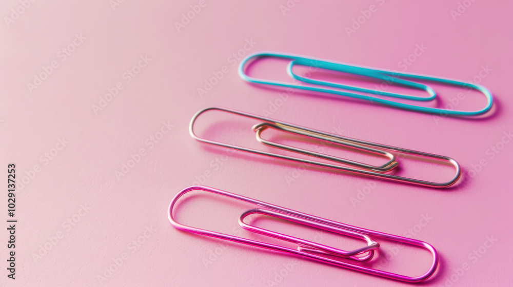 Colorful paper clips arranged on pink background create vibrant and organized workspace. These clips are essential for keeping documents together and adding pop of color to any office setting Colorful paper clips arranged on pink background create vibrant and organized workspace. These clips are essential for keeping documents together and adding pop of color to any office setting