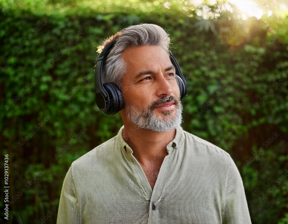 Mature handsome bearded man enjoying peaceful moment outdoors with music headphones feel good relaxed in home garden Mature handsome bearded man enjoying peaceful moment outdoors with music headphones feel good relaxed in home garden