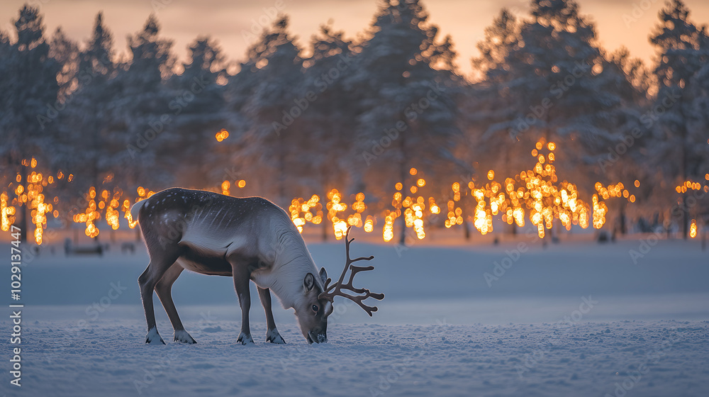 A reindeer grazing in a snowy field with a backdrop of Christmas trees glowing in the distance. A reindeer grazing in a snowy field with a backdrop of Christmas trees glowing in the distance.