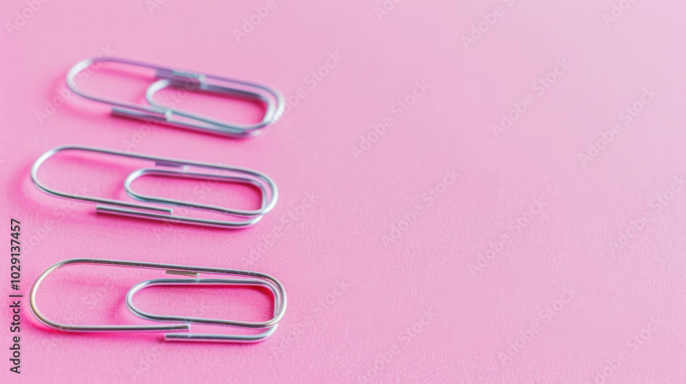 Three silver paper clips are arranged neatly on soft pink background, creating minimalist and modern aesthetic. simplicity of design evokes sense of organization and creativity Three silver paper clips are arranged neatly on soft pink background, creating minimalist and modern aesthetic. simplicity of design evokes sense of organization and creativity