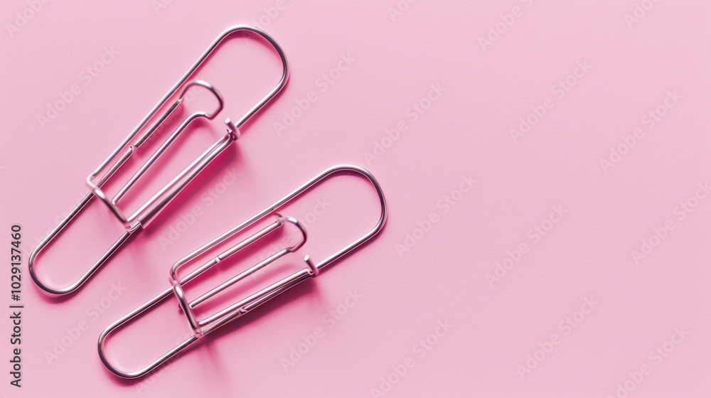 Large silver paper clips on pink background, showcasing their sleek design and functionality. Perfect for organizing documents and adding touch of style to your workspace Large silver paper clips on pink background, showcasing their sleek design and functionality. Perfect for organizing documents and adding touch of style to your workspace