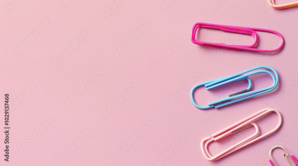 Colorful paper clips arranged on pink background create vibrant and playful scene, perfect for adding touch of fun to any office or school project Colorful paper clips arranged on pink background create vibrant and playful scene, perfect for adding touch of fun to any office or school project
