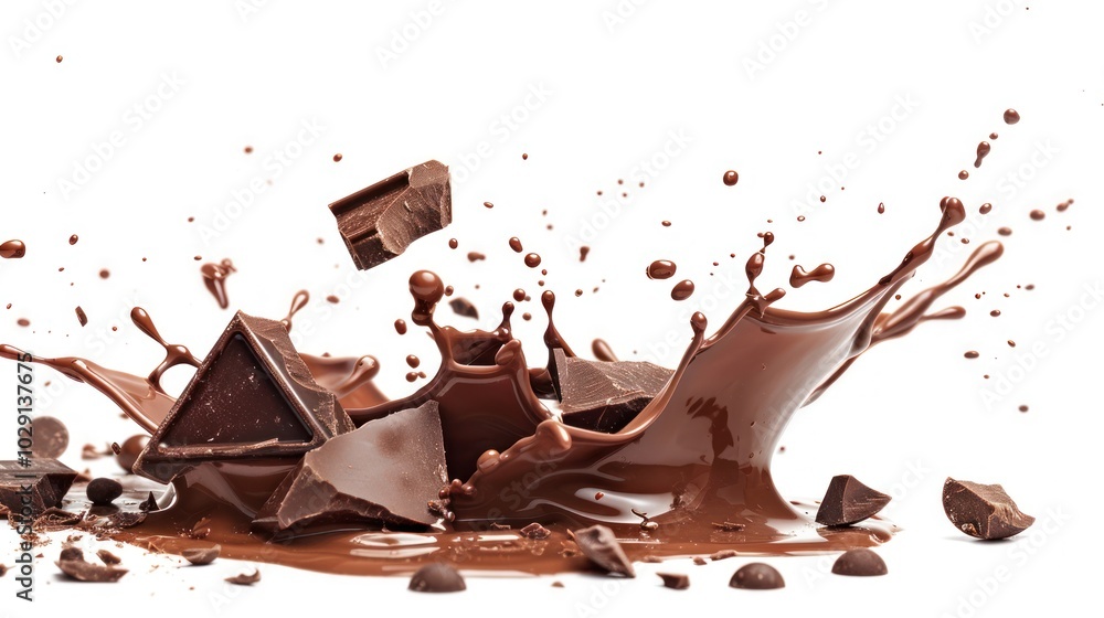 Fototapeta premium Chocolate pieces with chocolate splash isolated on white background.
