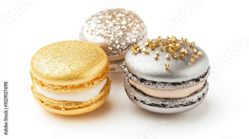 New Year-themed macarons decorated with glittery gold and silver toppings, isolated on white background