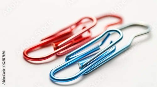 Colorful paper clips in red and blue arranged on light background, showcasing their shiny metallic finish and practical design. Perfect for organizing documents and adding pop of color to your