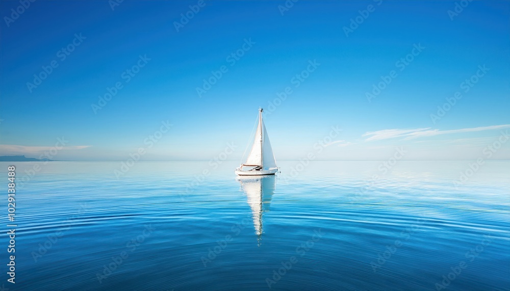 Obraz premium Solitary Sailboat on Calm Blue Waters Under Clear Sky. Concept of Peace, Freedom, and Tranquility for Travel, Minimalism, and Lifestyle Imagery