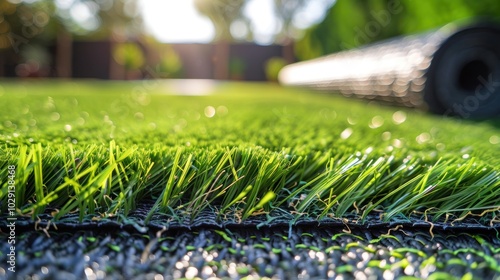 Close up of artificial grass roll on terrace floor. Laying artificial grass lawn in the backyard. Gardening work in spring photo