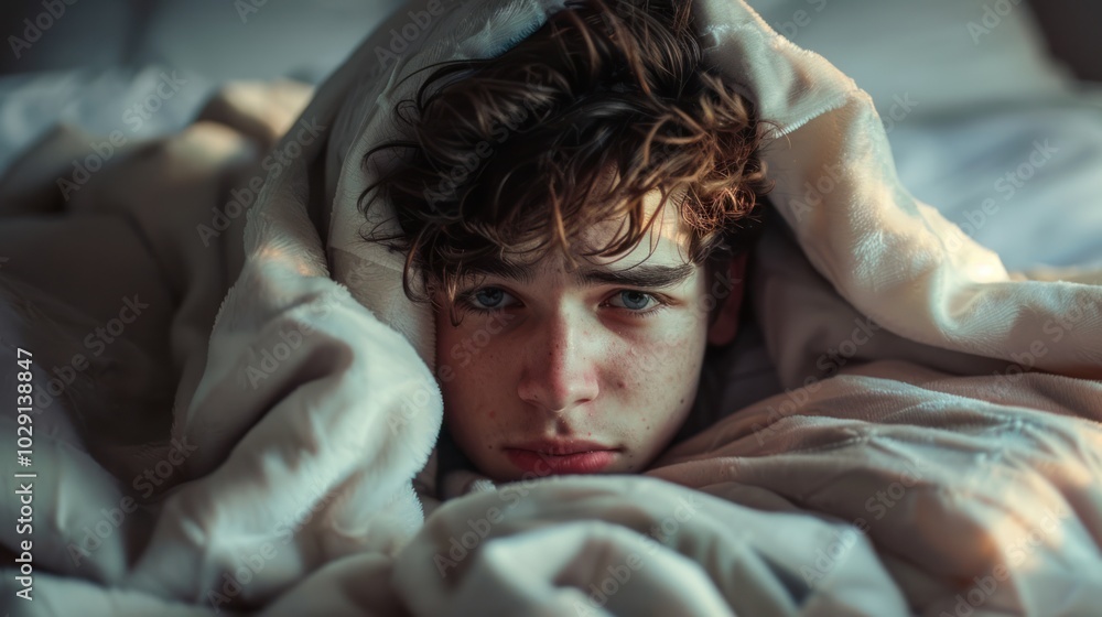 Young Man Partially Covered by White Bedding, Looking Directly at the Camera Young Man Partially Covered by White Bedding, Looking Directly at the Camera