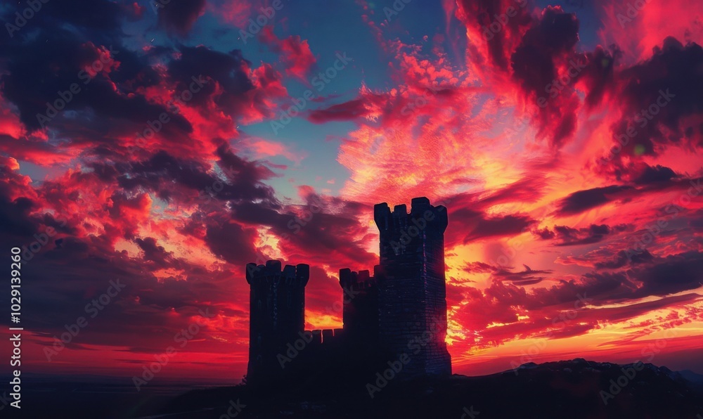 Obraz premium Castle towers silhouetted against a colorful evening sky, 4K hyperrealistic photo