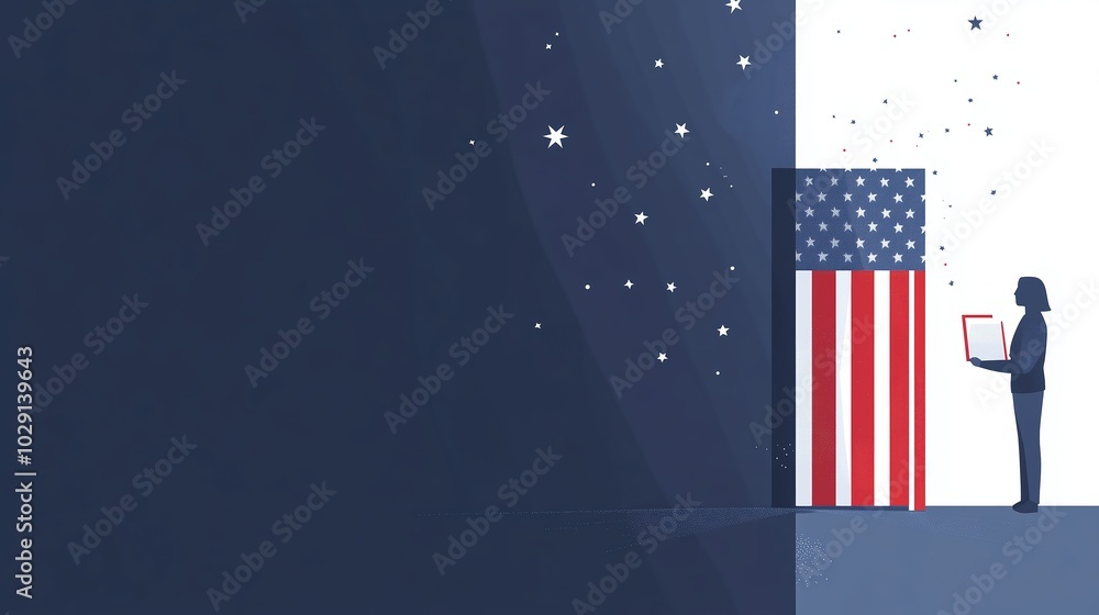 On Election Day, a person interacts with a voting booth adorned with the American flag, representing the importance of participating in democracy and civic duties On Election Day, a person interacts with a voting booth adorned with the American flag, representing the importance of participating in democracy and civic duties