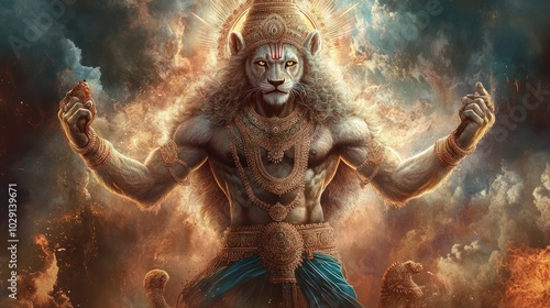A serene illustration of Lord Vishnu avatar, Lord Narasimha, in a protective stance, with a lion head and human body, radiating divine protection and strengthstrength