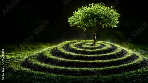 A tree is growing on a hill with a spiral path. The tree is surrounded by grass and he is the center of attention. Concept of tranquility and harmony with nature