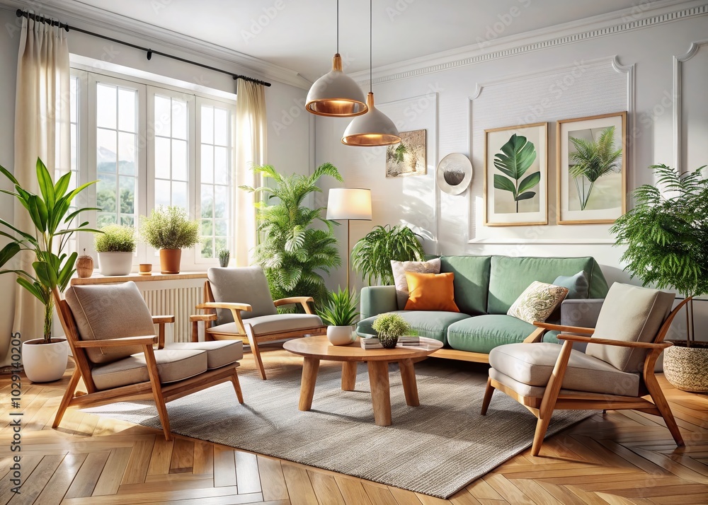 Fototapeta premium Scandinavian Interior Design: Modern Living Room with Cozy Armchairs and Sofa