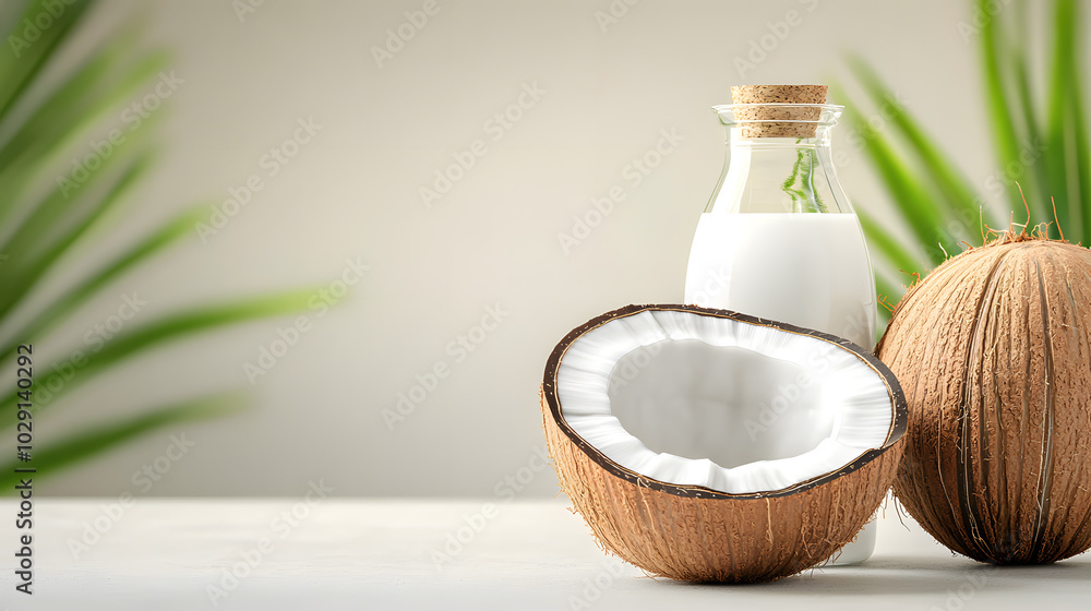 Coconut milk and fresh coconuts on a minimalistic background Coconut milk and fresh coconuts on a minimalistic background