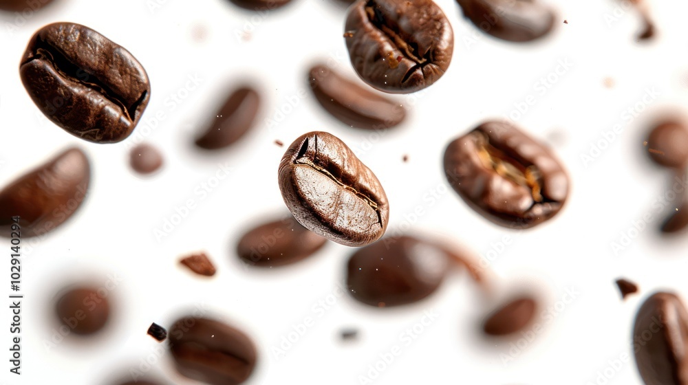 Coffee beans in the air close up, isolated on white background Coffee beans in the air close up, isolated on white background