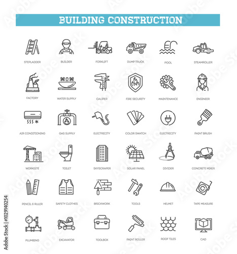 Outline web icons set - building, construction and home repair tools
