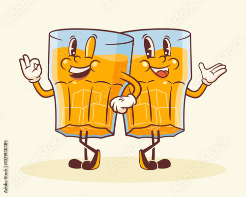 Cartoon Groovy Whisky Mascot Retro Illustration. Vintage Alcohol Drink Whiskey Glass Buddies with Ice Cubes. Vector Mascot Template. Happy Vintage Cool Beverage Personage Illustration Isolated