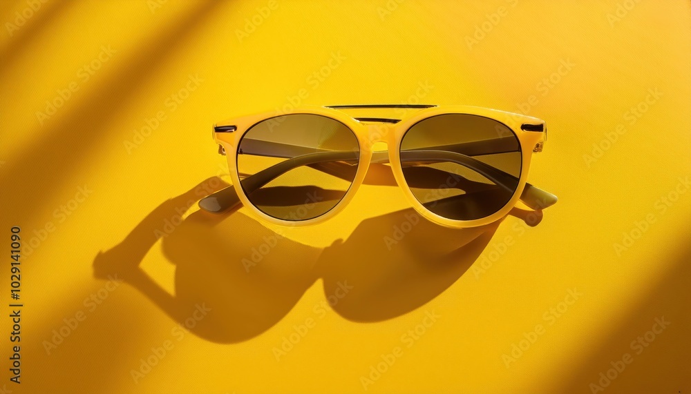 Trendy Amber Sunglasses Against Bright Yellow Background, Perfect for Summer Fashion, Vacation Ads, and Stylish Product Promotions Travel Trendy Amber Sunglasses Against Bright Yellow Background, Perfect for Summer Fashion, Vacation Ads, and Stylish Product Promotions Travel