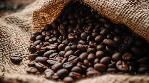 Macro shot of coffee beans spilling from a burlap sack. Coffee banner 