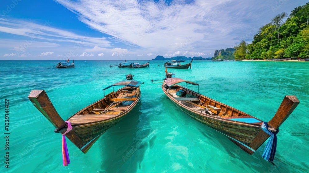 Colorful wooden boats on turquoise sea water. Tropical landscape with sailing boats. Tropical summer vacation Colorful wooden boats on turquoise sea water. Tropical landscape with sailing boats. Tropical summer vacation