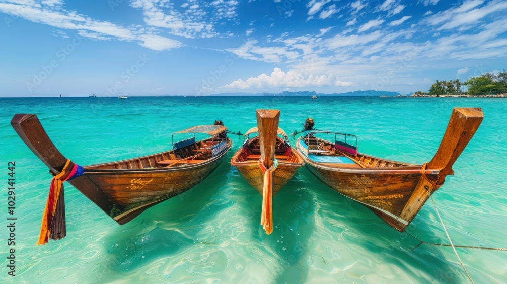 Colorful wooden boats on turquoise sea water. Tropical landscape with sailing boats. Tropical summer vacation Colorful wooden boats on turquoise sea water. Tropical landscape with sailing boats. Tropical summer vacation