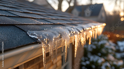 Icicles forming on a house roof during winter at sunset with soft light illuminating the icy details