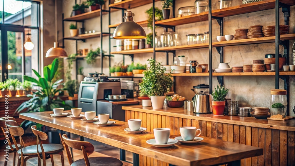 Inviting photograph of a coffee shop featuring an appealing shelf and table design, perfect for creating a welcoming cafe or restaurant atmosphere. Inviting photograph of a coffee shop featuring an appealing shelf and table design, perfect for creating a welcoming cafe or restaurant atmosphere.