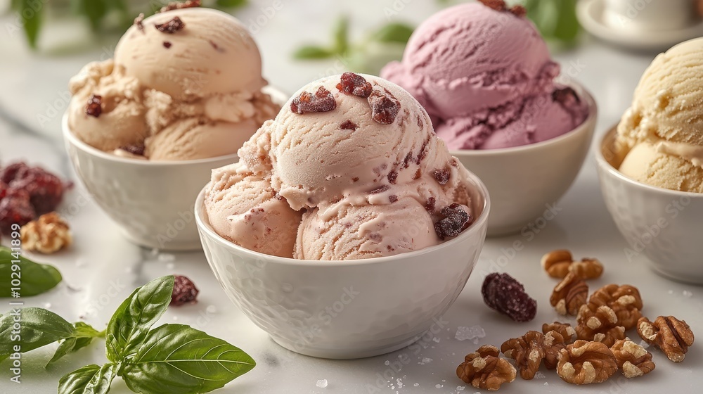 A delightful image of ice cream and sorbet scoops displayed in elegant bowls, paired with savory garnishes like basil, smoked sea salt, and roasted nuts. A delightful image of ice cream and sorbet scoops displayed in elegant bowls, paired with savory garnishes like basil, smoked sea salt, and roasted nuts.