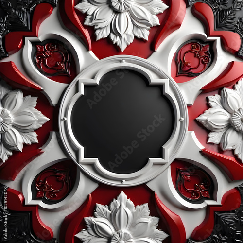 white metal plate with red and black ornament on red backdrop