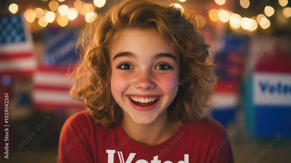 A young voter beams with joy after casting their ballot on Election Day, surrounded by colorful decorations and American flags, showcasing civic pride A young voter beams with joy after casting their ballot on Election Day, surrounded by colorful decorations and American flags, showcasing civic pride