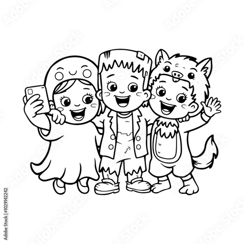 Kids in costumes of ghosts, werewolves and monsters laughing and taking selfies. Halloween vector cartoon illustrations for kids coloring book photo