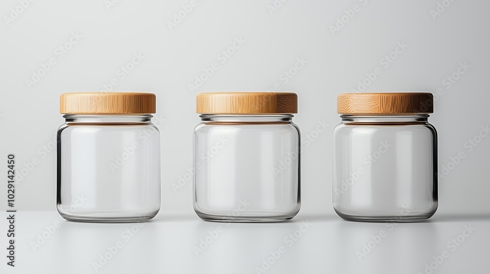 Three clear glass jars with wooden lids sit on a white table. The jars are identical in size and shape, but each has a different design on the lid. The jars are arranged in a row Three clear glass jars with wooden lids sit on a white table. The jars are identical in size and shape, but each has a different design on the lid. The jars are arranged in a row
