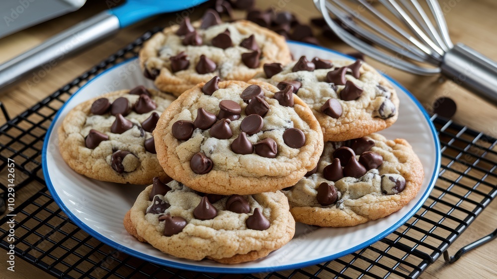 Delicious chocolate chip cookies on a plate, soft and warm, perfect for dessert. Delicious chocolate chip cookies on a plate, soft and warm, perfect for dessert.