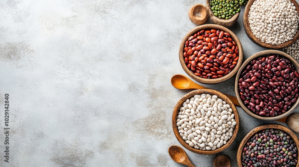 A variety of beans in bowls on a light grey background. A variety of beans in bowls on a light grey background.
