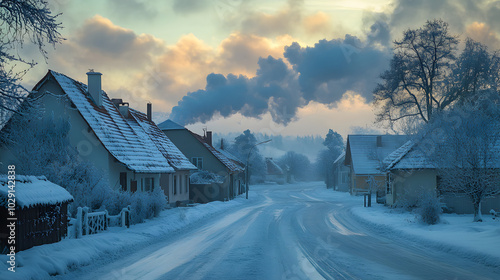 Fototapeta Naklejka Na Ścianę i Meble -  A small village street covered in ice with smoke rising from chimneys against the cold winter sky.