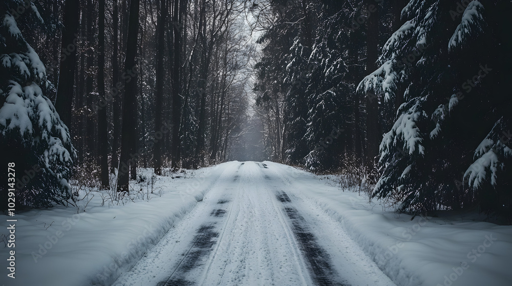 Obraz premium A snow-covered road with deep tire tracks leading through a dense forest.