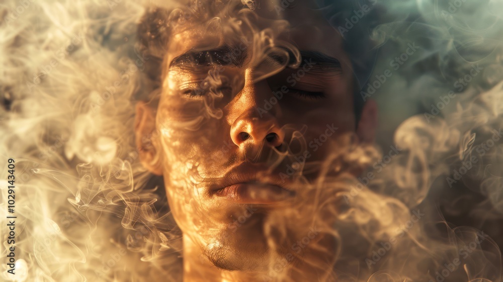 Close-up of a Man's Face Surrounded by Smoke Close-up of a Man's Face Surrounded by Smoke