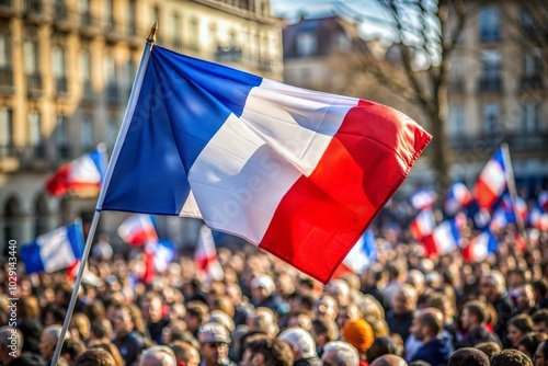 Fototapeta Naklejka Na Ścianę i Meble -  Close-up of french flag waving in city crowd