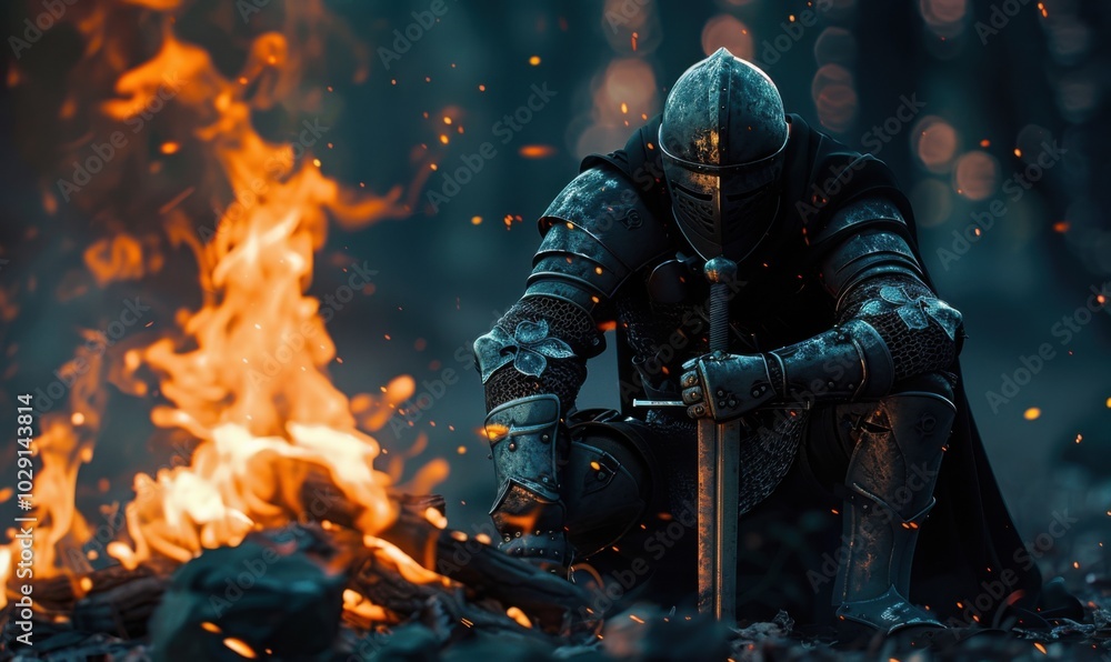 Knight kneeling with a sword in front of a blazing campfire, 4K hyperrealistic photo Knight kneeling with a sword in front of a blazing campfire, 4K hyperrealistic photo