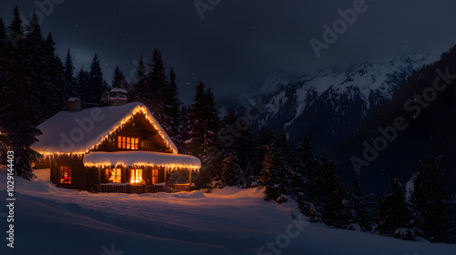 A snowy mountain chalet at night with soft Christmas lights glowing on the roof and a warm fire burning inside.