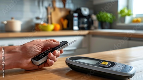 Monitoring blood sugar levels in kitchen setting for diabetes health managemen photo