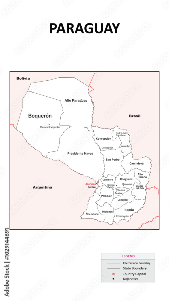 Paraguay Map. State map of Paraguay. Administrative map of Paraguay with state and capital in white color. Paraguay Map. State map of Paraguay. Administrative map of Paraguay with state and capital in white color.