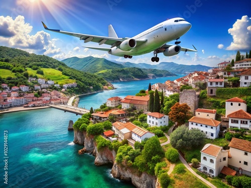 Wallpaper Mural Scenic View of White Airplane Flying Over Mountain Resort Town by the Sea Torontodigital.ca