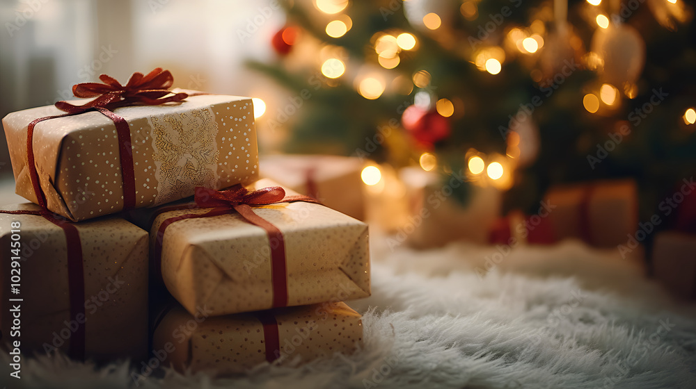 A stack of beautifully wrapped Christmas presents each with a unique design arranged under a glowing Christmas tree. A stack of beautifully wrapped Christmas presents each with a unique design arranged under a glowing Christmas tree.